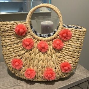 Straw Tote with Pink Pom Poms
